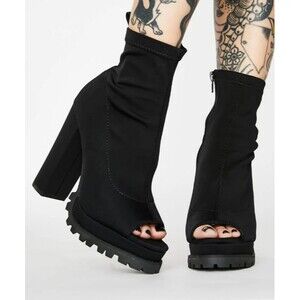 Fashion Nova Heels 10 Black Fabric Pull On Peep Toe Ankle Boots Lug Sole Shoes